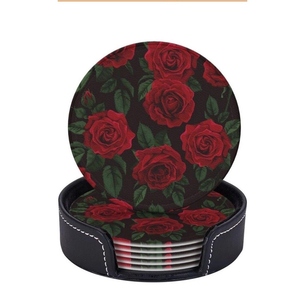 6 Pcs Leather Coasters for Drinks with Holder Blooming Red Roses Coaster Sets...